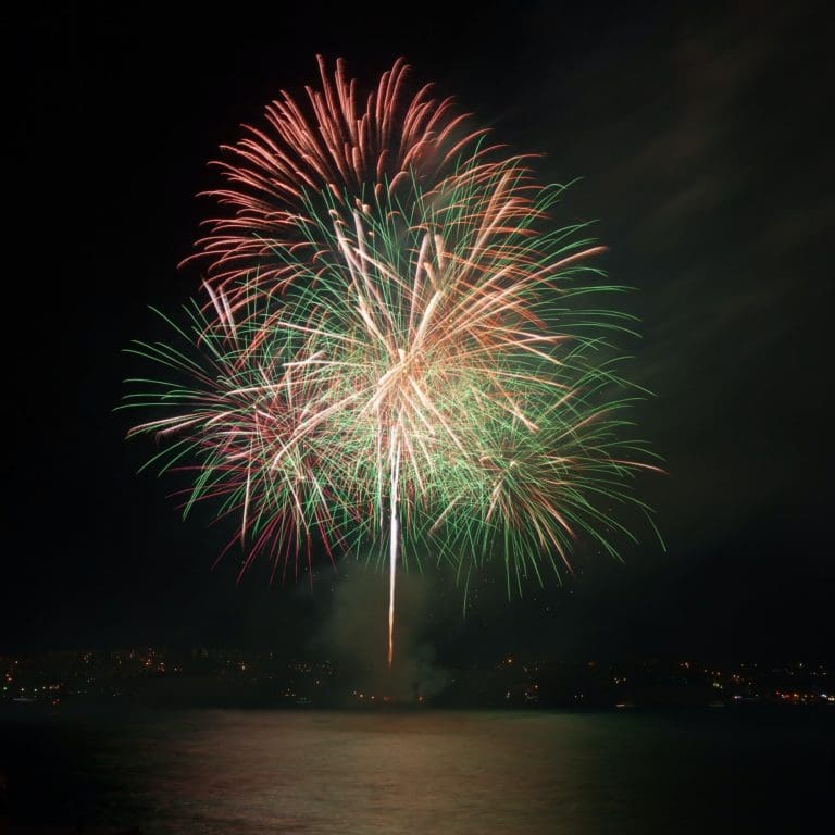 Firework over the water in the night sky